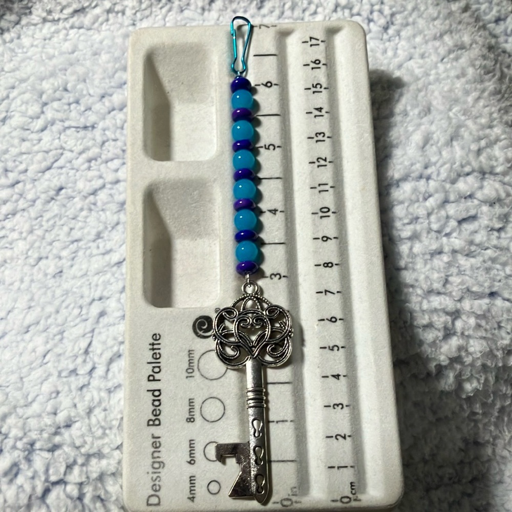 Handmade beaded keychain/purse charm, skeleton key bottle opener